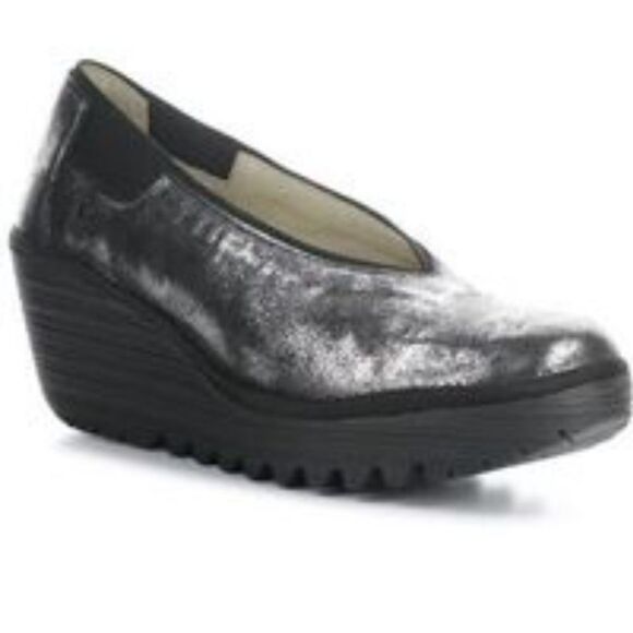 $250 NEW Fly London silver black leather yoza wedge loafers NWT 9 9.5 EU 40 NWT - Picture 1 of 13